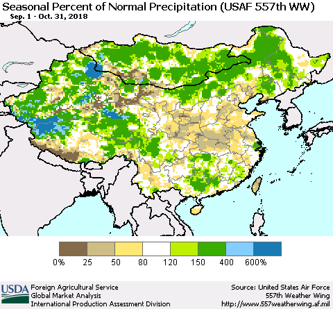 China, Mongolia and Taiwan Seasonal Percent of Normal Precipitation (USAF 557th WW) Thematic Map For 9/1/2018 - 10/31/2018