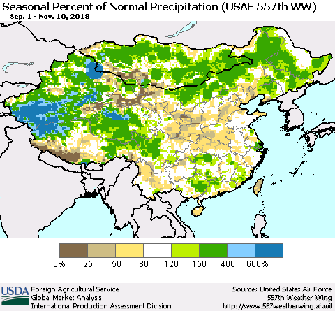 China, Mongolia and Taiwan Seasonal Percent of Normal Precipitation (USAF 557th WW) Thematic Map For 9/1/2018 - 11/10/2018