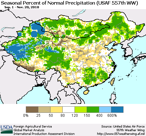 China, Mongolia and Taiwan Seasonal Percent of Normal Precipitation (USAF 557th WW) Thematic Map For 9/1/2018 - 11/20/2018