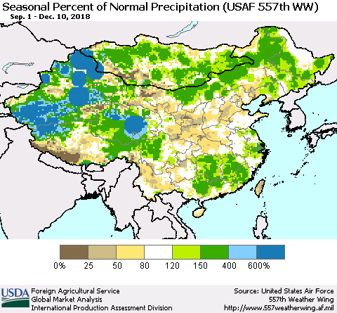 China, Mongolia and Taiwan Seasonal Percent of Normal Precipitation (USAF 557th WW) Thematic Map For 9/1/2018 - 12/10/2018
