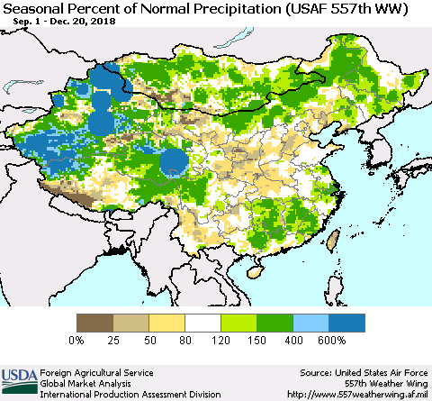 China, Mongolia and Taiwan Seasonal Percent of Normal Precipitation (USAF 557th WW) Thematic Map For 9/1/2018 - 12/20/2018