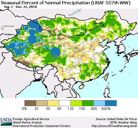 China, Mongolia and Taiwan Seasonal Percent of Normal Precipitation (USAF 557th WW) Thematic Map For 9/1/2018 - 12/31/2018