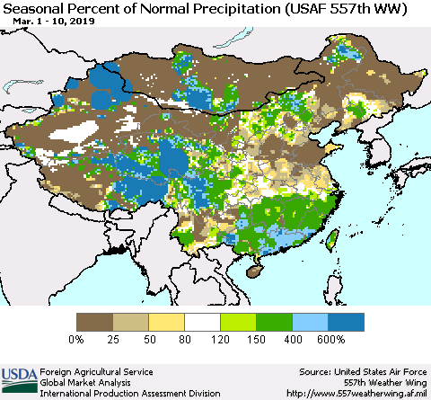 China, Mongolia and Taiwan Seasonal Percent of Normal Precipitation (USAF 557th WW) Thematic Map For 3/1/2019 - 3/10/2019