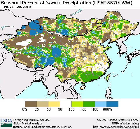 China, Mongolia and Taiwan Seasonal Percent of Normal Precipitation (USAF 557th WW) Thematic Map For 3/1/2019 - 3/20/2019