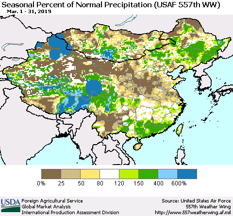 China, Mongolia and Taiwan Seasonal Percent of Normal Precipitation (USAF 557th WW) Thematic Map For 3/1/2019 - 3/31/2019