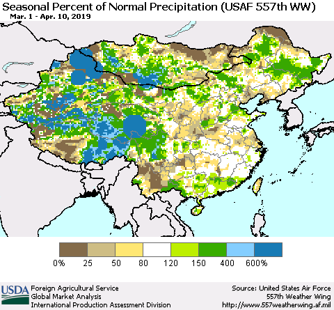 China, Mongolia and Taiwan Seasonal Percent of Normal Precipitation (USAF 557th WW) Thematic Map For 3/1/2019 - 4/10/2019