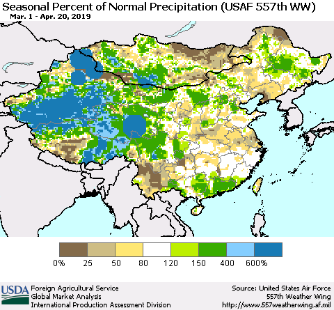 China, Mongolia and Taiwan Seasonal Percent of Normal Precipitation (USAF 557th WW) Thematic Map For 3/1/2019 - 4/20/2019