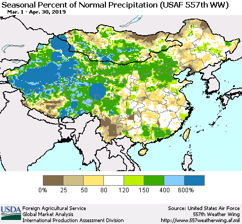China, Mongolia and Taiwan Seasonal Percent of Normal Precipitation (USAF 557th WW) Thematic Map For 3/1/2019 - 4/30/2019