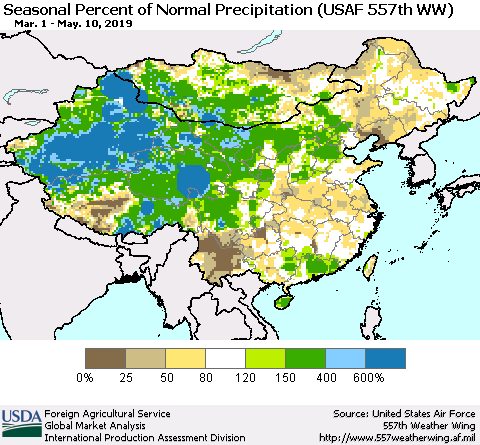 China, Mongolia and Taiwan Seasonal Percent of Normal Precipitation (USAF 557th WW) Thematic Map For 3/1/2019 - 5/10/2019