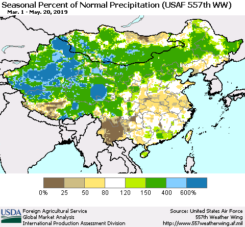 China, Mongolia and Taiwan Seasonal Percent of Normal Precipitation (USAF 557th WW) Thematic Map For 3/1/2019 - 5/20/2019