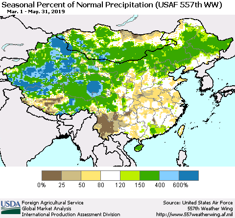 China, Mongolia and Taiwan Seasonal Percent of Normal Precipitation (USAF 557th WW) Thematic Map For 3/1/2019 - 5/31/2019