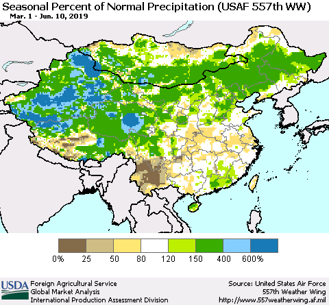 China, Mongolia and Taiwan Seasonal Percent of Normal Precipitation (USAF 557th WW) Thematic Map For 3/1/2019 - 6/10/2019