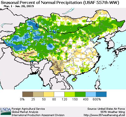 China, Mongolia and Taiwan Seasonal Percent of Normal Precipitation (USAF 557th WW) Thematic Map For 3/1/2019 - 6/20/2019