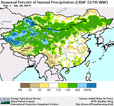 China, Mongolia and Taiwan Seasonal Percent of Normal Precipitation (USAF 557th WW) Thematic Map For 3/1/2019 - 6/30/2019