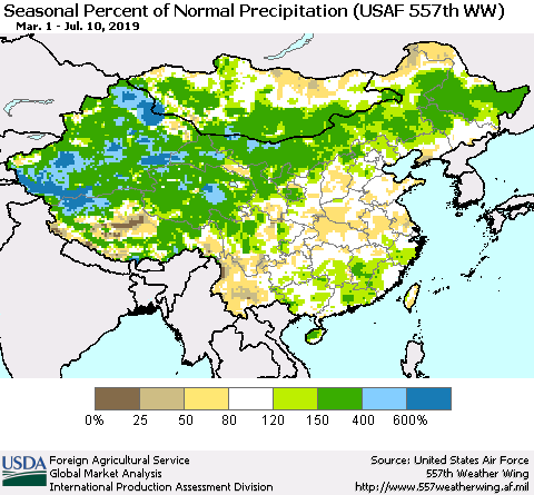 China, Mongolia and Taiwan Seasonal Percent of Normal Precipitation (USAF 557th WW) Thematic Map For 3/1/2019 - 7/10/2019