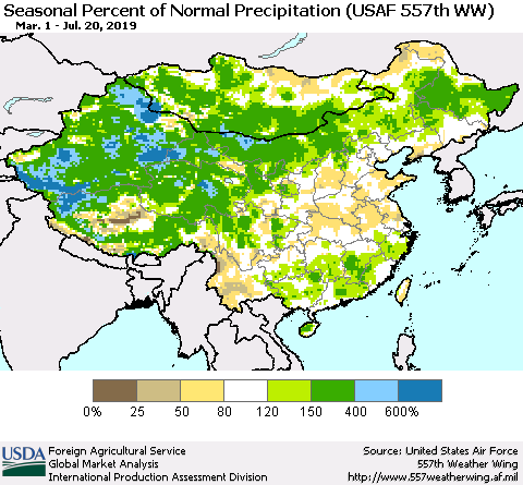 China, Mongolia and Taiwan Seasonal Percent of Normal Precipitation (USAF 557th WW) Thematic Map For 3/1/2019 - 7/20/2019