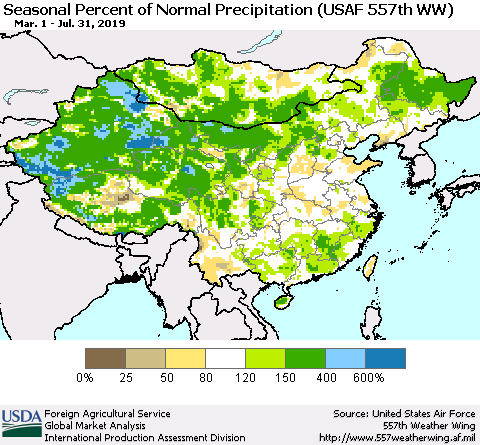 China, Mongolia and Taiwan Seasonal Percent of Normal Precipitation (USAF 557th WW) Thematic Map For 3/1/2019 - 7/31/2019