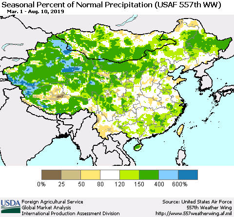 China, Mongolia and Taiwan Seasonal Percent of Normal Precipitation (USAF 557th WW) Thematic Map For 3/1/2019 - 8/10/2019