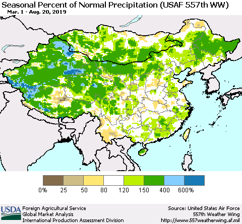 China, Mongolia and Taiwan Seasonal Percent of Normal Precipitation (USAF 557th WW) Thematic Map For 3/1/2019 - 8/20/2019