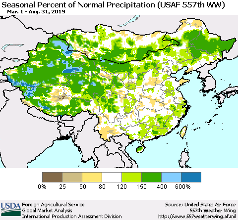 China, Mongolia and Taiwan Seasonal Percent of Normal Precipitation (USAF 557th WW) Thematic Map For 3/1/2019 - 8/31/2019