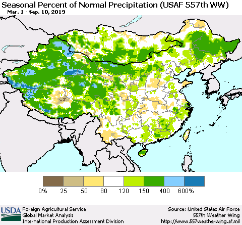 China, Mongolia and Taiwan Seasonal Percent of Normal Precipitation (USAF 557th WW) Thematic Map For 3/1/2019 - 9/10/2019