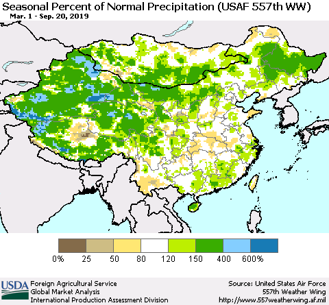 China, Mongolia and Taiwan Seasonal Percent of Normal Precipitation (USAF 557th WW) Thematic Map For 3/1/2019 - 9/20/2019