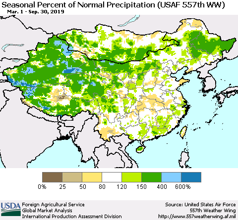 China, Mongolia and Taiwan Seasonal Percent of Normal Precipitation (USAF 557th WW) Thematic Map For 3/1/2019 - 9/30/2019