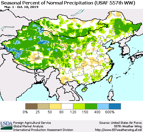 China, Mongolia and Taiwan Seasonal Percent of Normal Precipitation (USAF 557th WW) Thematic Map For 3/1/2019 - 10/10/2019
