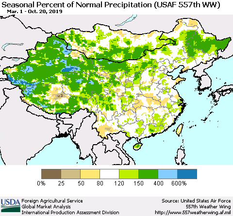 China, Mongolia and Taiwan Seasonal Percent of Normal Precipitation (USAF 557th WW) Thematic Map For 3/1/2019 - 10/20/2019