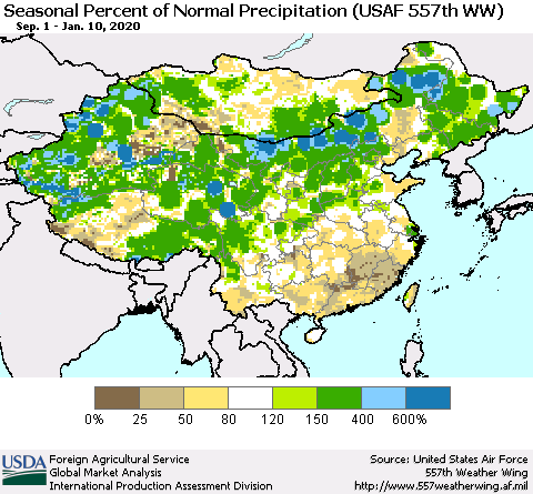 China, Mongolia and Taiwan Seasonal Percent of Normal Precipitation (USAF 557th WW) Thematic Map For 9/1/2019 - 1/10/2020