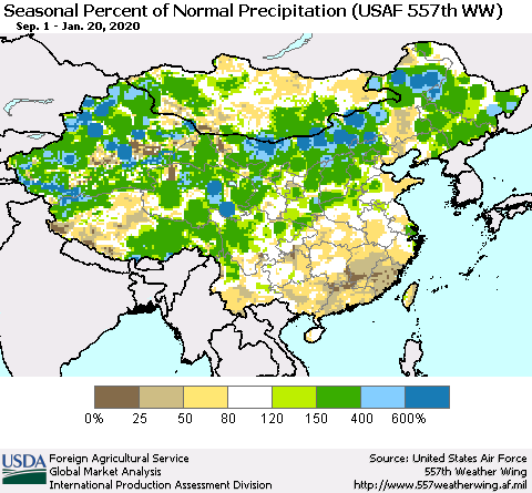 China, Mongolia and Taiwan Seasonal Percent of Normal Precipitation (USAF 557th WW) Thematic Map For 9/1/2019 - 1/20/2020