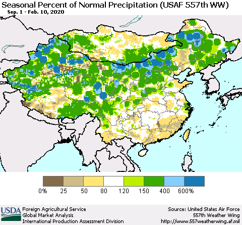 China, Mongolia and Taiwan Seasonal Percent of Normal Precipitation (USAF 557th WW) Thematic Map For 9/1/2019 - 2/10/2020