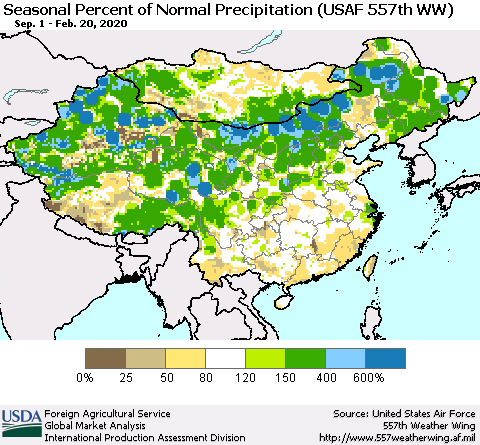 China, Mongolia and Taiwan Seasonal Percent of Normal Precipitation (USAF 557th WW) Thematic Map For 9/1/2019 - 2/20/2020