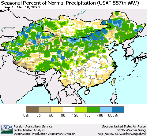 China, Mongolia and Taiwan Seasonal Percent of Normal Precipitation (USAF 557th WW) Thematic Map For 9/1/2019 - 3/10/2020