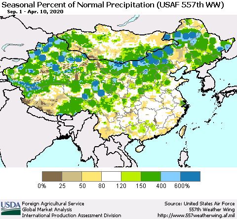 China, Mongolia and Taiwan Seasonal Percent of Normal Precipitation (USAF 557th WW) Thematic Map For 9/1/2019 - 4/10/2020