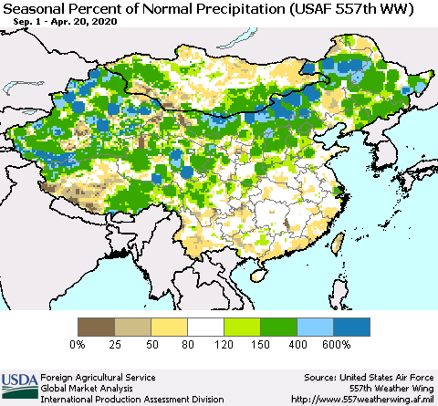 China, Mongolia and Taiwan Seasonal Percent of Normal Precipitation (USAF 557th WW) Thematic Map For 9/1/2019 - 4/20/2020