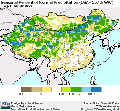 China, Mongolia and Taiwan Seasonal Percent of Normal Precipitation (USAF 557th WW) Thematic Map For 9/1/2019 - 4/30/2020