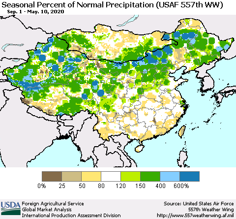 China, Mongolia and Taiwan Seasonal Percent of Normal Precipitation (USAF 557th WW) Thematic Map For 9/1/2019 - 5/10/2020