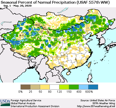China, Mongolia and Taiwan Seasonal Percent of Normal Precipitation (USAF 557th WW) Thematic Map For 9/1/2019 - 5/20/2020