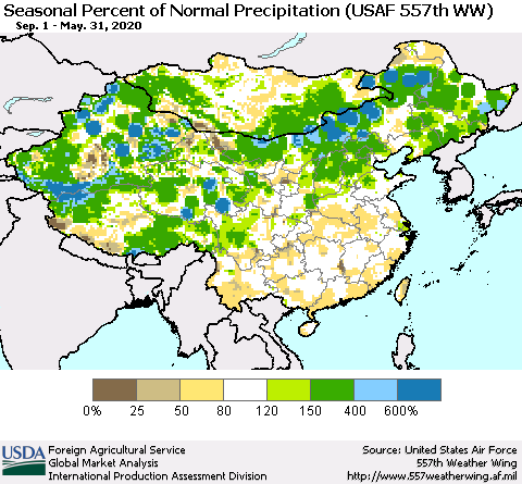 China, Mongolia and Taiwan Seasonal Percent of Normal Precipitation (USAF 557th WW) Thematic Map For 9/1/2019 - 5/31/2020