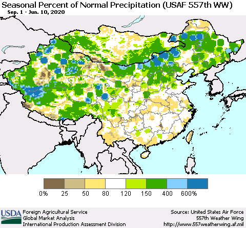 China, Mongolia and Taiwan Seasonal Percent of Normal Precipitation (USAF 557th WW) Thematic Map For 9/1/2019 - 6/10/2020