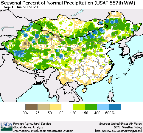 China, Mongolia and Taiwan Seasonal Percent of Normal Precipitation (USAF 557th WW) Thematic Map For 9/1/2019 - 6/20/2020