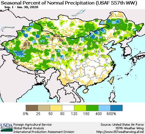 China, Mongolia and Taiwan Seasonal Percent of Normal Precipitation (USAF 557th WW) Thematic Map For 9/1/2019 - 6/30/2020
