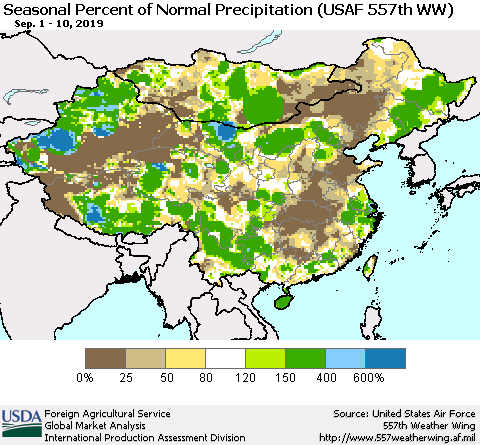 China, Mongolia and Taiwan Seasonal Percent of Normal Precipitation (USAF 557th WW) Thematic Map For 9/1/2019 - 9/10/2019