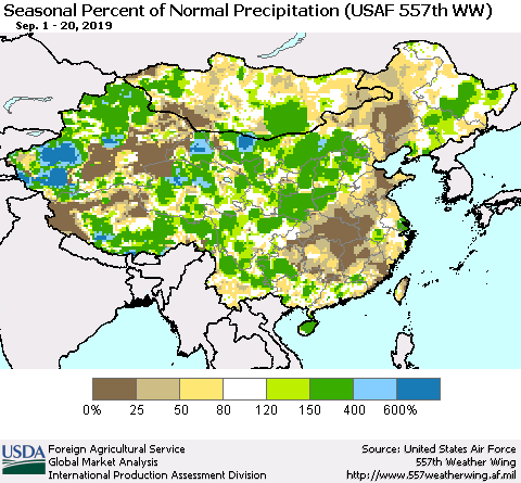 China, Mongolia and Taiwan Seasonal Percent of Normal Precipitation (USAF 557th WW) Thematic Map For 9/1/2019 - 9/20/2019