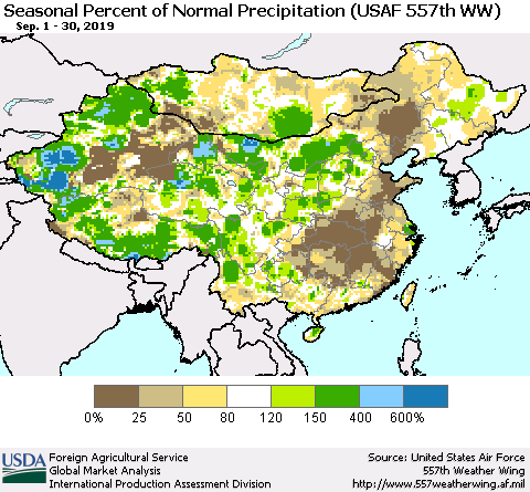 China, Mongolia and Taiwan Seasonal Percent of Normal Precipitation (USAF 557th WW) Thematic Map For 9/1/2019 - 9/30/2019