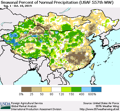 China, Mongolia and Taiwan Seasonal Percent of Normal Precipitation (USAF 557th WW) Thematic Map For 9/1/2019 - 10/10/2019