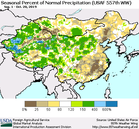 China, Mongolia and Taiwan Seasonal Percent of Normal Precipitation (USAF 557th WW) Thematic Map For 9/1/2019 - 10/20/2019