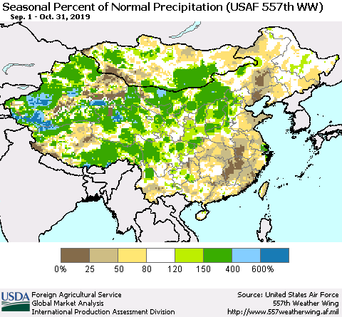 China, Mongolia and Taiwan Seasonal Percent of Normal Precipitation (USAF 557th WW) Thematic Map For 9/1/2019 - 10/31/2019