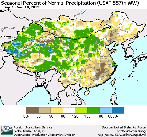 China, Mongolia and Taiwan Seasonal Percent of Normal Precipitation (USAF 557th WW) Thematic Map For 9/1/2019 - 11/10/2019